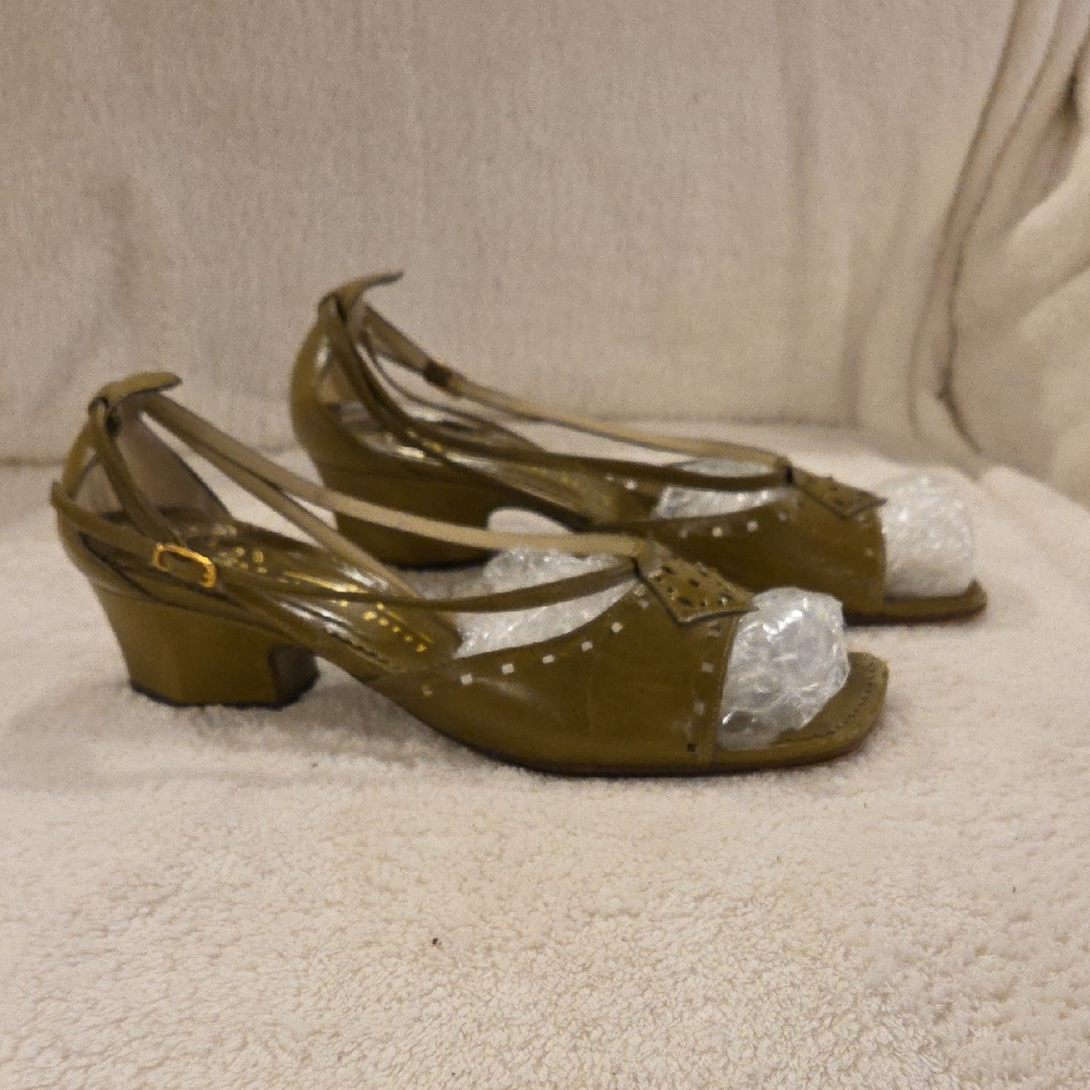 Michel Perry Olive Green Peep-Toe Slingback Heels
